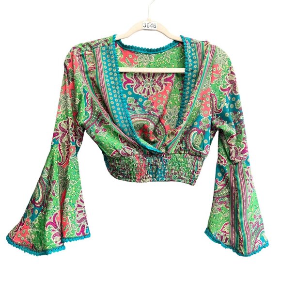 Pom Pom Lace Wrap Paisley Print Cropped Blouse Top Women's Multicolor Hippie - Picture 1 of 6